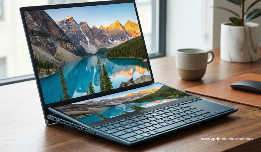 Zenbook Duo UX482, ASUS Zenbook Duo UX482 रिव्यू, Zenbook Duo दो स्क्रीन, ScreenPad Plus लैपटॉप, बेस्ट डुअल स्क्रीन लैपटॉप, Zenbook Duo UX482 english, ASUS Zenbook Duo बैटरी, ASUS Zenbook Duo UX482 दो स्क्रीन ओपन व्यू, Zenbook Duo UX482 ScreenPad Plus सेकंडरी डिस्प्ले क्लोजअप, ASUS Zenbook Duo UX482 मल्टीटास्किंग यूज करते हुए, Zenbook Duo UX482 स्लिम डिजाइन साइड व्यू, ASUS Zenbook Duo UX482 कीबोर्ड और टच स्क्रीन,