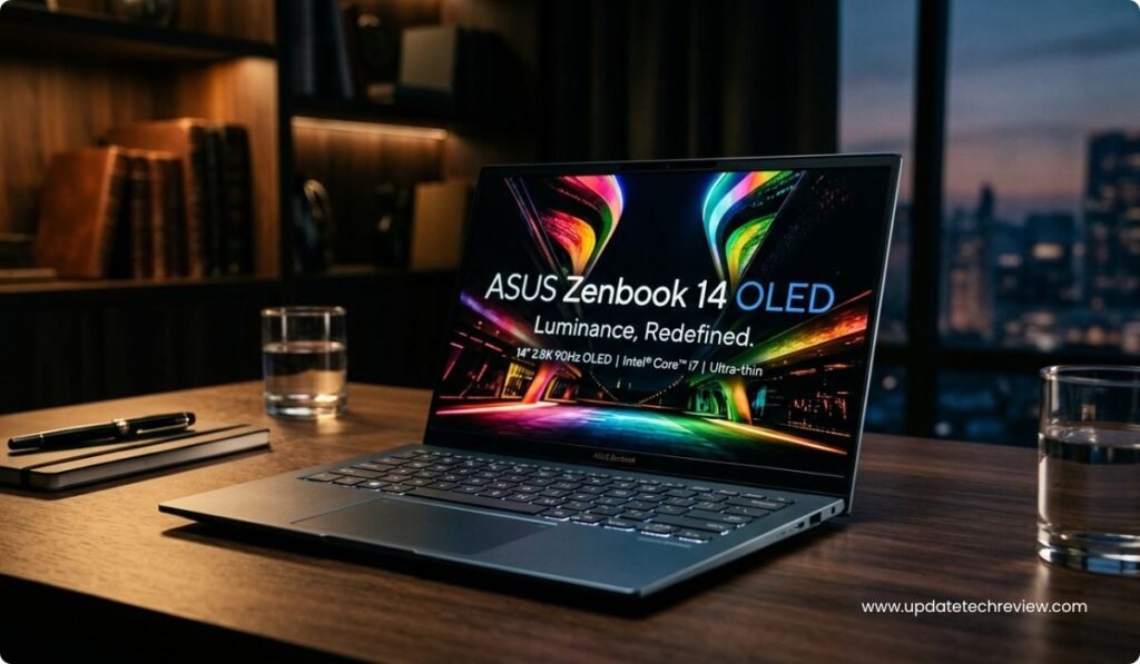 Zenbook 14 OLED UX3405, ASUS Zenbook 14 OLED Review, Zenbook 14 OLED (English), 3K OLED Laptop, Best Ultrabook 2024–2026, Zenbook UX3405 Battery Life, ASUS Zenbook 14 OLED Price, ASUS Zenbook 14 OLED UX3405: ​​Bright 3K OLED Screen (Open View), Zenbook 14 OLED UX3405: ​​Super Slim Side Profile, ASUS Zenbook 14 OLED UX3405: ​​Keyboard with NumberPad (Close-up), Zenbook 14 OLED UX3405: ​​Vibrant OLED Display with HDR Colors, ASUS Zenbook 14 OLED UX3405: ​​Student or Office Usage,
