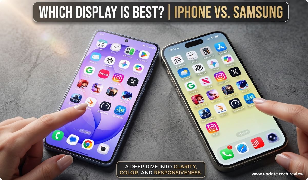 iPhone vs Samsung Display, iPhone vs Samsung screen, Super Retina vs AMOLED, iPhone display quality, Samsung display brightness, iPhone vs Samsung color accuracy, best smartphone display, iPhone OLED vs Samsung OLED, Samsung Dynamic AMOLED, iPhone ProMotion display.